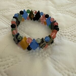 Natural Stones Stretch Bracelet W/Diamond & Spherical-Shaped SemiPrecious Stones